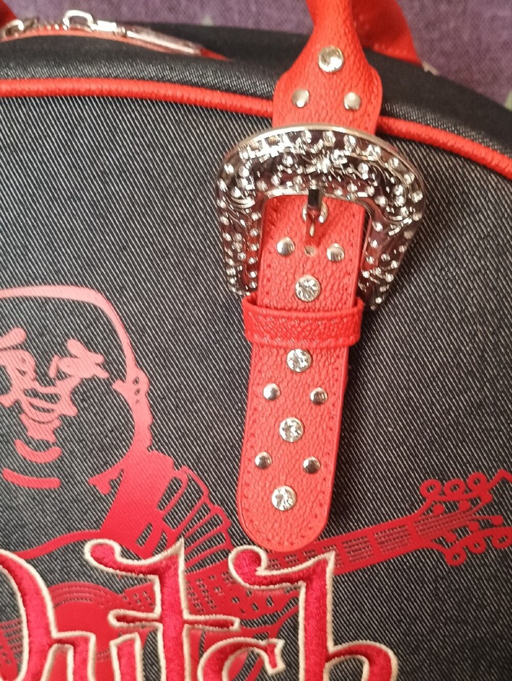 Von Dutch Red and Gray Embroidered Logo Satchel with Studded Buckles - Picture 5 of 12